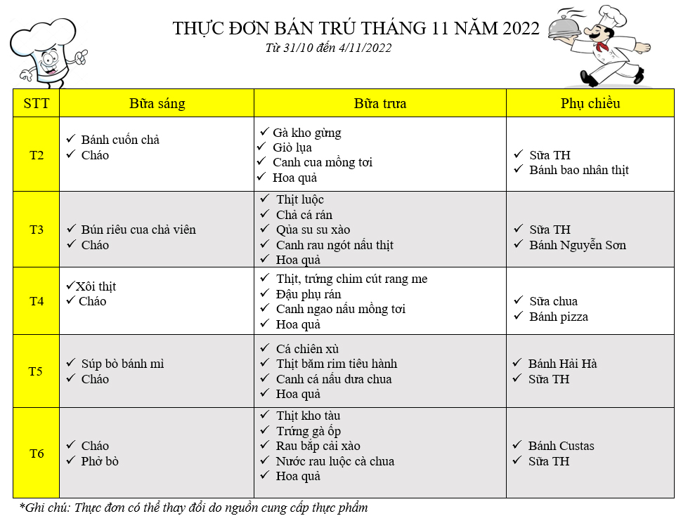 Thực đơn bán trú tháng 11 năm học 2022 - 2023