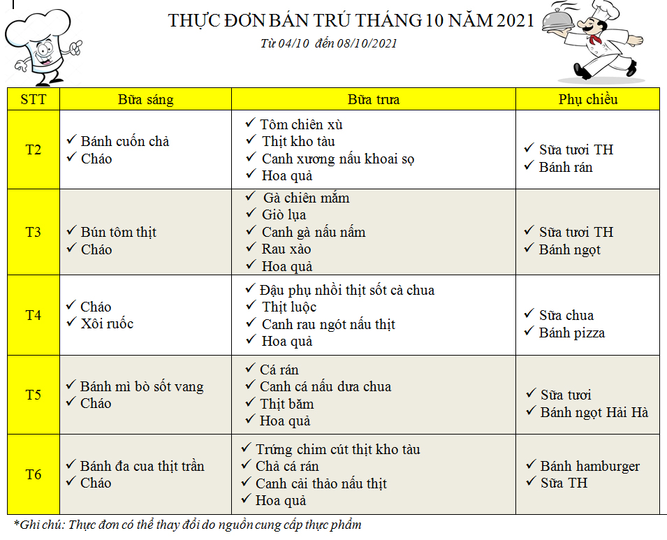 Thực đơn tháng 10 năm 2021